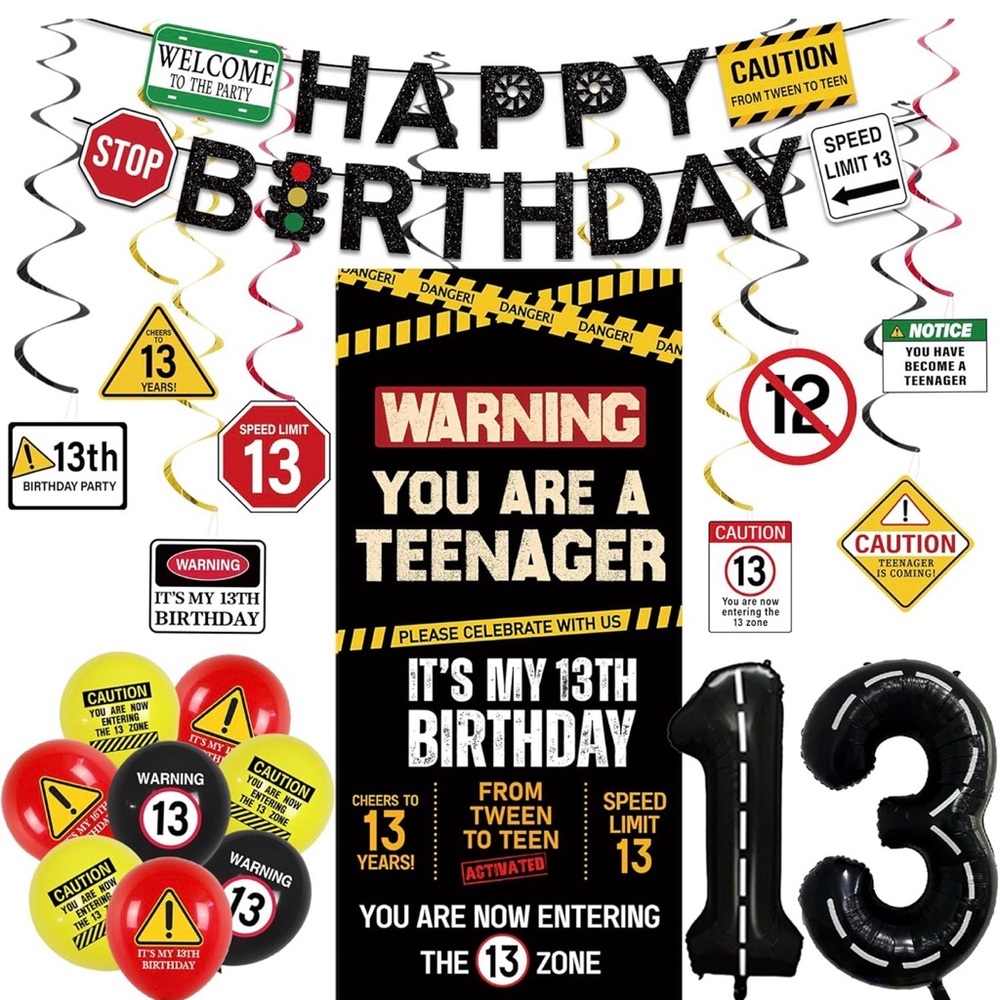 13th Birthday Teenager Party Decoration Kit - Black, Yellow, Red